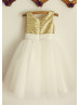 Gold Sequin Ivory Tulle Knee Length Lovely Flower Girl Dress Gold Sequin Ivory Tulle Knee Length Lovely Flower Girl Dress